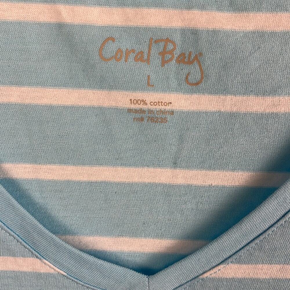 Coral Bay Sleeveless T Shirt V Neck Blue White Stripe Large100% Cotton - Picture 3 of 6